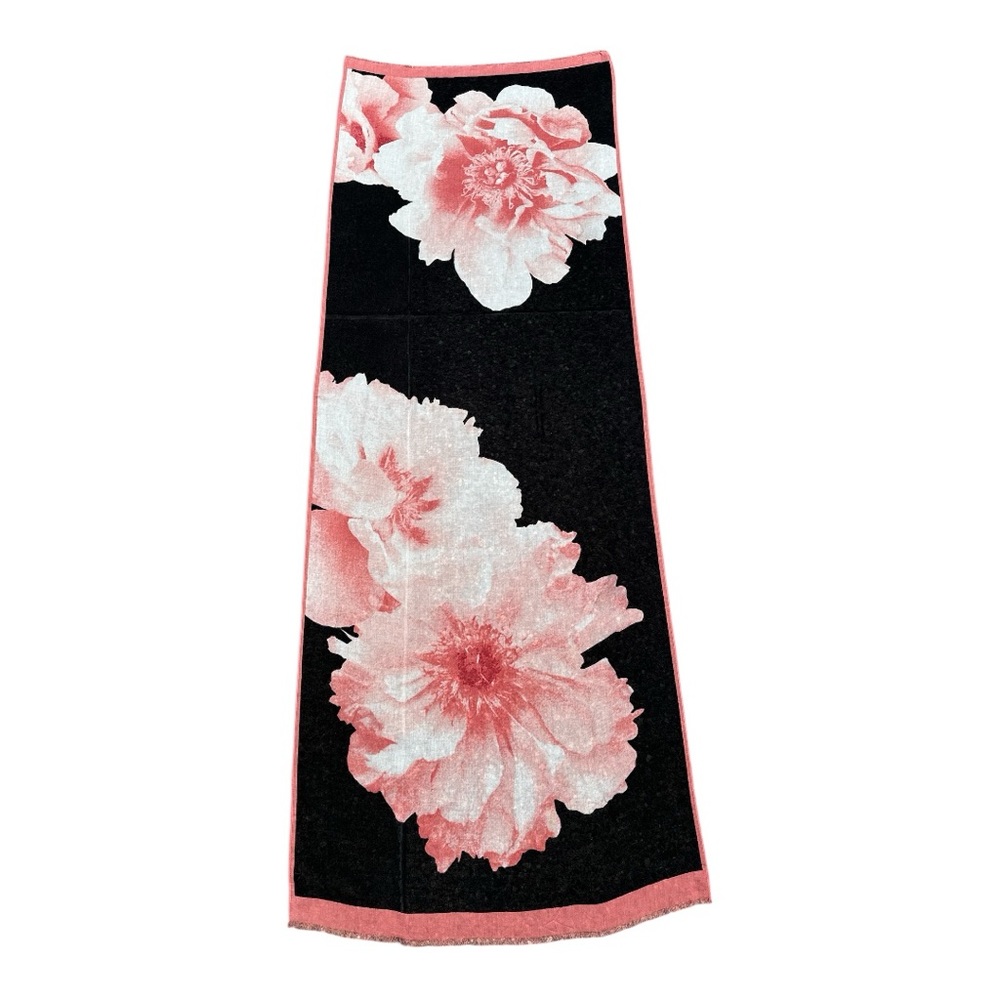 Pink & Black Floral Scarf Wrap Shawl Frayed Edge Lightweight 72 x 25